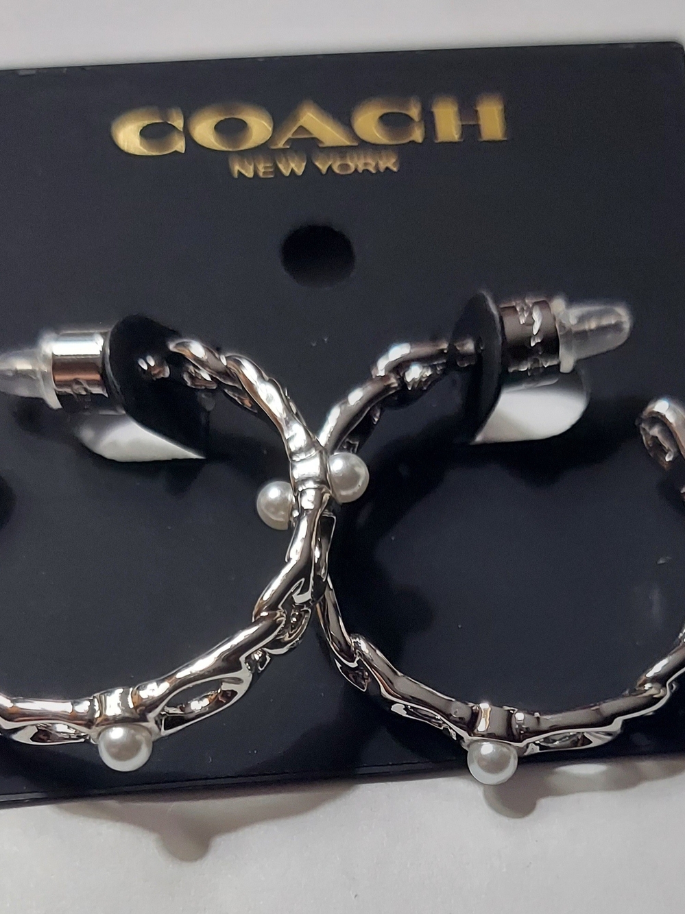 COACH Silver-Tone Hoop Earrings with Pearl Accents
